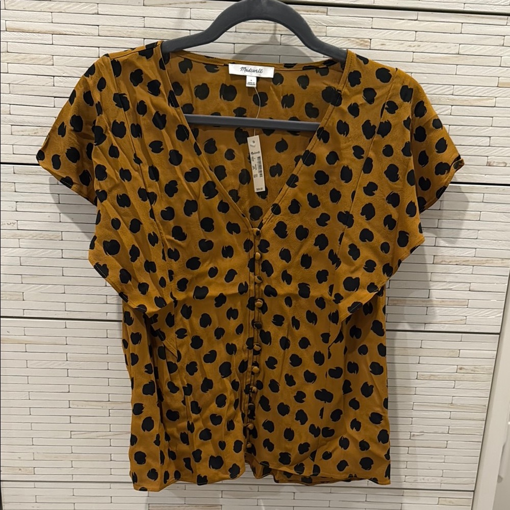 Madewell Tan and Black Polka Dot Blouse